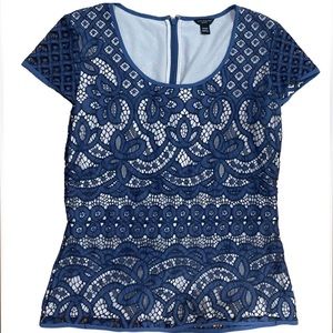 ANN TAYLOR (Petite) - Blue & Cream Lace Short Sleeve Blouse